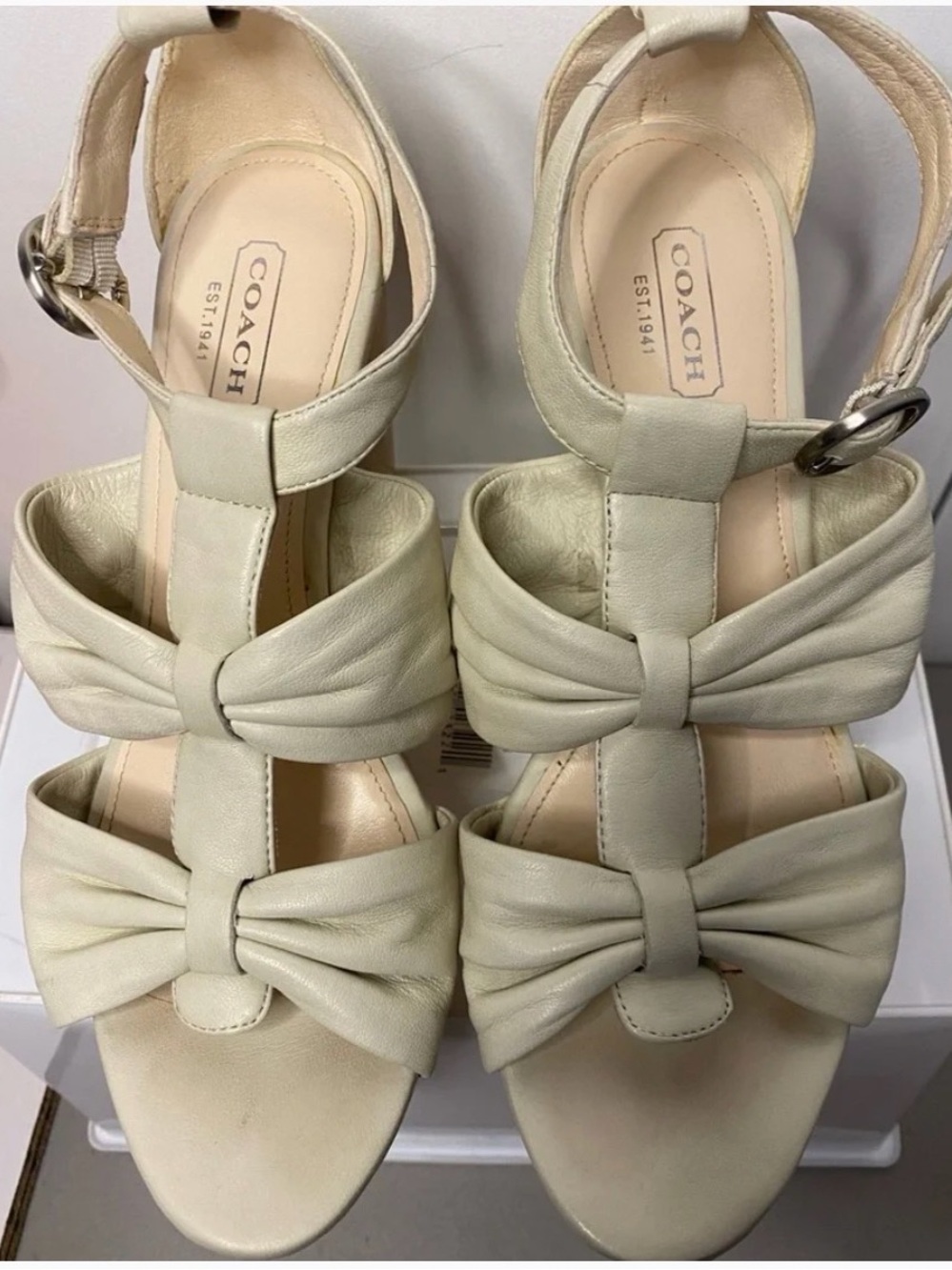 COACH Cream Bow T-Strap Leather Sandals